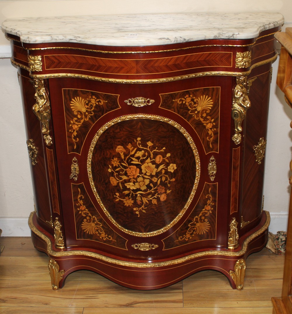 A Meuble Francais marquetry inlaid serpentine side cabinet, W.102cm D.40cm H.98cm